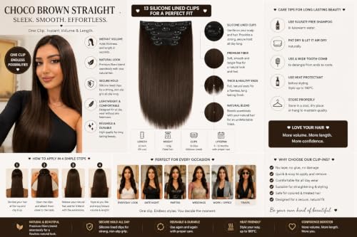 Image of Salon-Grade Clip-in Hair Extensions for Women, Imported Synthetic Hair, 6 PCS with 13 Secure Clips, Instant Volume, Natural Blend, Reusable Hair Volumizer (Choco Brown, Straight)