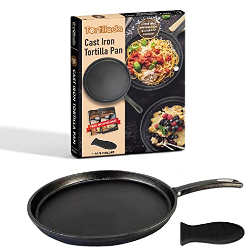 Tortillada – 26cm Pre Seasoned Cast Iron Griddle/Pan + Hot Handle Holder + Recipes E-Book 50 Tortilla Recipes Tortillada – 26cm Pre Seasoned Cast Iron Griddle/Pan + Hot Handle Holder + Recipes E-Book 50 Tortilla Recipes