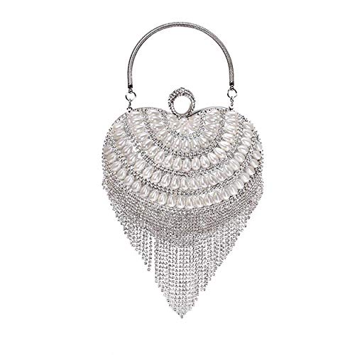 Image of UMREN Women Luxury Heart Shape Tassel Evening Clutch Bag Rhinestones Wedding Party Purse Handbag