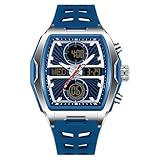 OFNS Orologio da uomo unico, rettangolare, multifunzione, quadrato, cronografo, sportivo, con display digitale analogico, doppio fuso orario, conto alla rovescia, cronometro, Argento blu, Classico