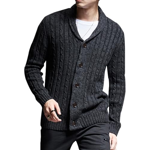 Mens Vintage Slim Fit Sweater Cable Knit Cardigan Outerwear Shawl Collar Knited Topcoat with Pockets