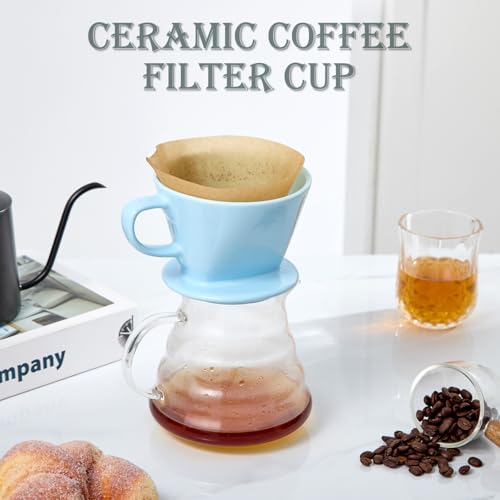 Image of Pour Over Coffee Dripper, Ceramic Pour Over Coffee Maker, Blue | 3 Holes Flat Bottom, Easy Manual Brew Maker, Porcelain Slow Filter Cone for Travel, Camping, Office, Home