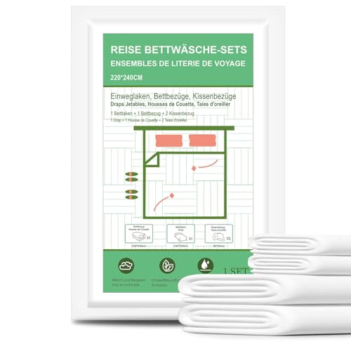 YIYDS Einweg Bettwäscheset Set für Reisen, 220x240cm 4-Teiliges Einweg-Bettlaken, 1 Bettlaken,1 Bezüge,2 Kissenbezüge, für Hotels, Reisen, Camping