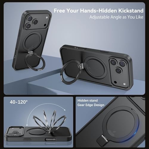 Image of DIZORO Silicone Magnetic Ring Stand Compatible for iPhone 17 Pro Max Case [Military Drop Protection] [Compatible with MagSafe] Shockproof Case Matte Translucent Slim Phone Case - (Black)
