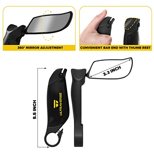 Ultraverse Bike Handlebar Mirror Set, 360 Degree Adjustable Bicycle Mirrors, Rearview And Sideview Mirror And Clycling Bar Ends Function For Men, Women And Kids - Black #TOP2