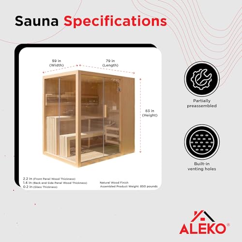 ALEKO Traditional Indoor Sauna | Wet Dry with LED Lights | Canadian Hemlock Wood | 4 Person | Sauna Powered by UL Certified 4.5 kW Harvia Sauna Heater