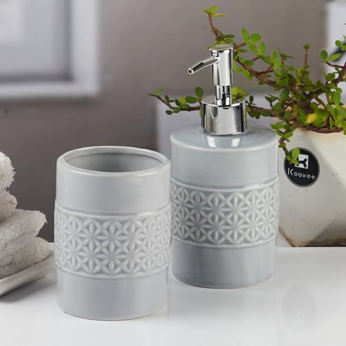 Image of Kookee Ceramic Bathroom Set - Stylish 2 Piece Bath Accessories Kit with Soap Dispenser, Toothbrush Holder - Modern & Designer Decor for Home & Guest Bathrooms, Grey (11110)