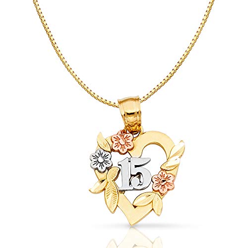 14K Tri Color Gold 15 Years Quinceanera Years Heart Charm Pendant with 0.8mm Box Chain Necklace