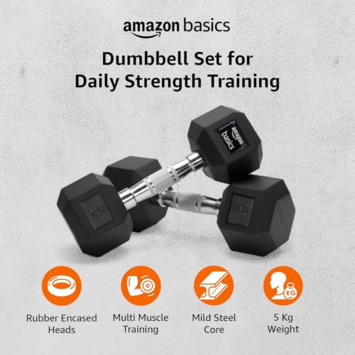 Buy amazon basics Rubber Encased Hex Dumbbell Weight Set Of 2, 5 Kg,Black Online at Low Prices in India - Image 3