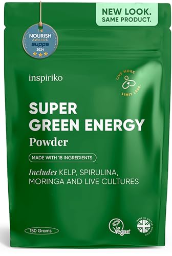 Inspiriko Super Greens Powder with 18 Natural Superfood Ingredients - Spirulina Kale Moringa - Green Powder Superfood with Probiotics 150g UK Made Vegan