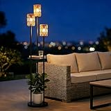 Stepeak Solar Outdoor Floor Lamp Waterproof, Cordless Outdoor Lamps for Patio with Shelves Plant Stand, Rattan Solar Lamp for Outside, Wireless Outdoor Light for Yard Garden Deck Porch Decor
