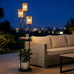 Stepeak Solar Outdoor Floor Lamp Waterproof, Cordless Outdoor Lamps for Patio with Shelves Plant Stand, Rattan Solar Lamp for Outside, Wireless Outdoor Light for Yard Garden Deck Porch Decor