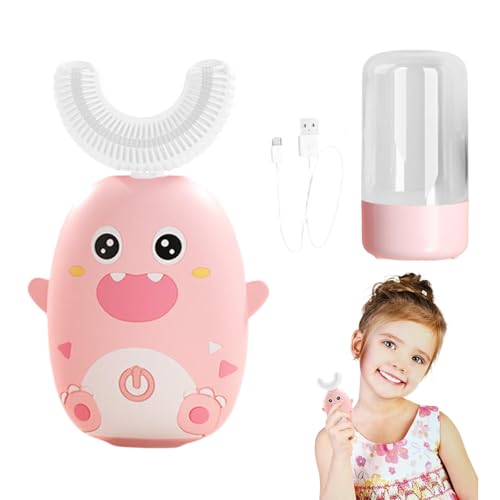 Cepillo Electrico Infantil Cepillo Eléctrico Niños Cepillo Dientes Electrico Infantil Cuidado bucal 360°Limpieza completa Cabezal de silicona en forma de U Diseño de dinosaurio (Rosa/Edades 2-12)