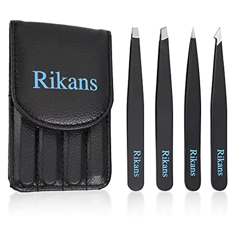 Rikans Pinzetten Set 4-teilig - Präzisionspinzetten Set aus Edelstahl - Profi Pinzetten zum Augenbrauenzupfen, Gesichtshaarentfernung, Splitter Cover