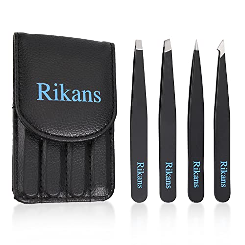 Rikans Precision Tweezers Set Pack of 4 Black Professional Tweezers Handy Carry Pouch Superior Stainless Steel Tweezer Set Splinters Eyebrows Facial or Ingrown Hair Blackheads Remover