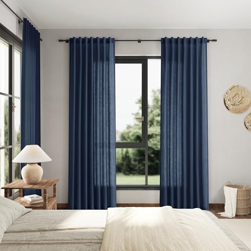 Image of Nanspring Denim Blue Linen Curtains 84 Inch Length 2 Panels Set for Living Room Rod Pocket Back Tab Light Filtering Window Drapes for Bedroom Dining Room Protect Privacy Country Farmhouse Decor 52x84