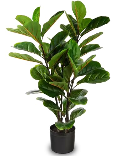 Naturae Decor Artificial Fiddle Leaf Fig Tree - 35-inch Ficus Lyrata Tall Faux Plant in a Black Pot...
