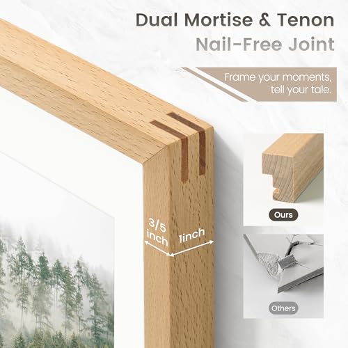 Image of 16x24 Poster Frame, USA-Sourced Natural Beech Wood Picture Collage Frame with HD Tempered Glass, Modern Simple 16 x 24 Wooden Photo Frame Matted to 12x18, Vertical & Horizontal Wall Hanging Display