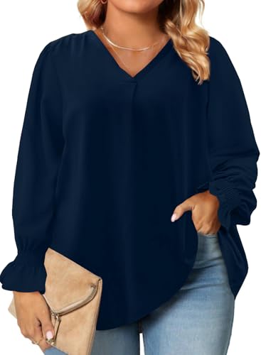 Eytino Plus Size Tops for Women Sexy V Neck Smocked Long Sleeve Blouse Loose Casual Work Shirts(1X-5X)