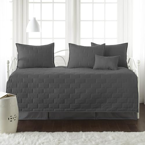 Image of Southshore Fine Living, Inc. Twin Day Bed Comforter Sets, 6-Piece Trundle Bed Bedding Set with Bedspread, 3 Pillow Shams, Bedskirt, Throw Pillow - DayBed Cover Sets, Brickyard Slate Grey