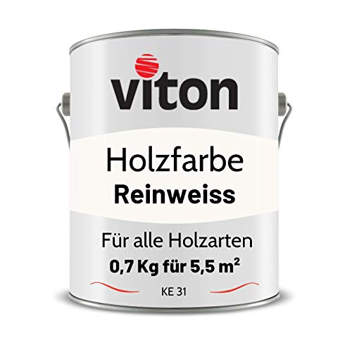 Viton Holzfarbe in Weiss - 0,7 Kg Holzlack Seidenmatt - Wetterschutzfarbe für Außen - 3in1 Grundierung & Deckfarbe - Profi-Holzschutzlack - KE31 - RAL 9010 Reinweiss
