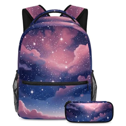 Sac à dos et trousse rose pour adolescents style galaxie au collège
