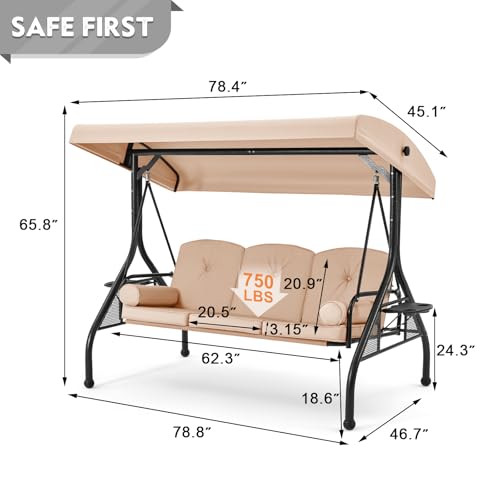 Image of HOMREST 3 Seat Outdoor Porch Swing with Adjustable Canopy, Convertible Patio Swing Bed with Stand, Patio Glider Swing with Upgraded Cup Holder, Thicken Cushions ＆ Pillow for Backyard(Khaki)