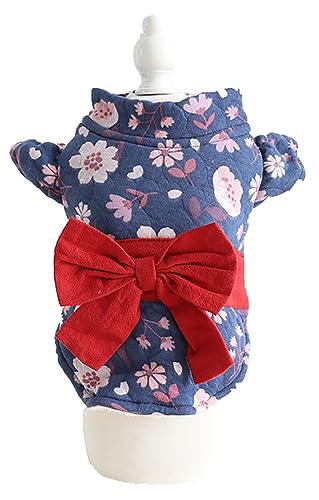 MaruPet(マルペット)犬服 春物 和風 浴衣 桜 蝶結び 菊花 着物 両足 和服 小型犬 お祭り お正月 お祝い 年末年 パラダイス 結婚式 記念撮影 誕生日 A-ネイビー L