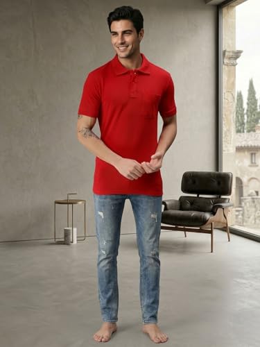 Image of Lux Cozi Men's Polo T-Shirt Regular Fit Half Sleeves with Pocket | Cotton Blend Polo Neck Collar T-Shirt for Men | Casual, Office Comfortable Breathable T-Shirt | Stylish Plain Tee