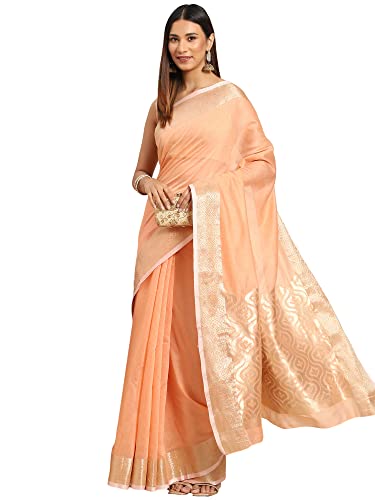 Image of AKHILAM Women's Floral Linen Blend Woven Design Saree With Unstitched Blouse Piece (Peach AA02SDZ6103)