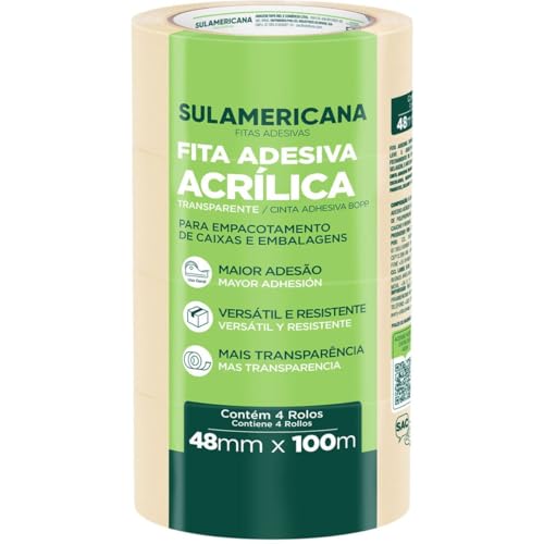 Fita para Empacotamento, Sulamericana, PP, 48mm X 100, Metros, Transparente, Caixa com 04 Unidades,