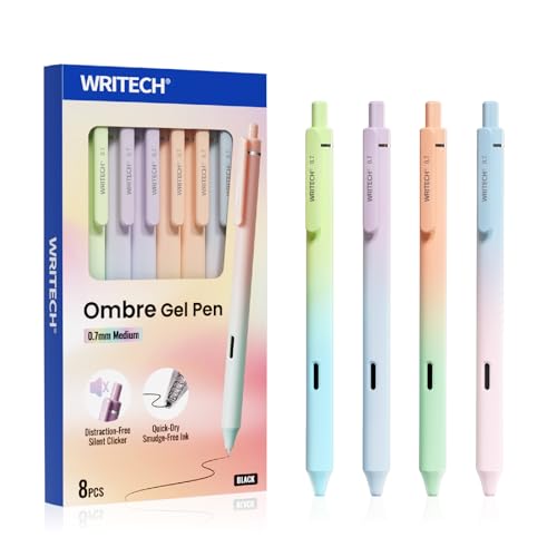 WRITECH Gel Rollerball Pens 0.7mm: Silent Click Smooth Writing Quick Dry Black Ink Gradient Aesthetic Design for Journaling School Office 8 Pack
