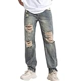 Mens Baggy Jeans Vintage Ripped Denim Pants Y2K Distressed Wide Leg Jeans Streetwear Blue