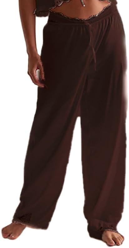 Women's Silky Satin Pajama Pants Lace Trim Wide Leg Loungewear Bottoms Elastic Waist Drawstring Casual Sleep Trousers