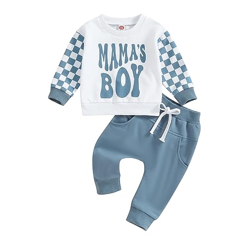 Image of Yingyingni Toddler Boys Fall Outfits Little Dude Letter Print Long Sleeve Sweatshirts and Long Pants 2Pcs Clothes Set (Light Blue,6-12 Months)