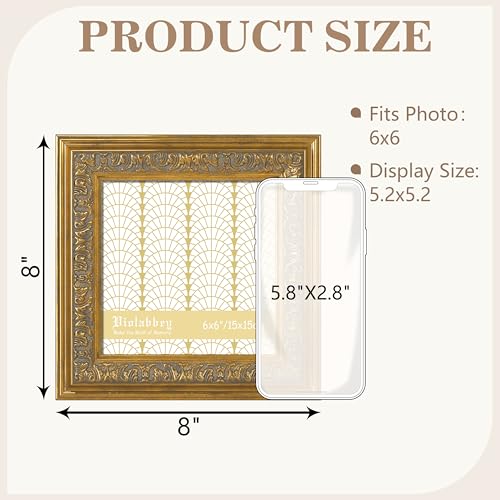 Image of VIOLABBEY 6x6 Picture Frame Gold, Vintage Square Frame Ornate without Mat | Antique Photo Frame, Wall Hanging or Tabletop Display, HD Plexiglass, Wall Decor