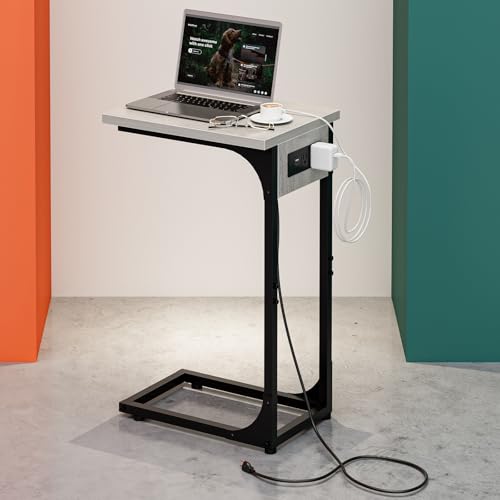 Image of C-Shaped Side Table for Couch - Small Coffee Stand Sofa Tray Desk with Metal Frame Waterproof Scratch Resistant Wood Top and Built-in Charging Station, Greige