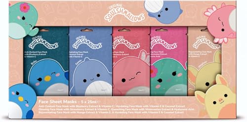 Squishmallows Face Sheet Mask Set 5 Pack - Coconut Strawberry Mango Blueberry & Watermelon. Fun Sleepover Girls Night & Pajama Party