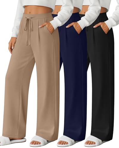 3 Pack Women's Wide Leg Lounge Pants, Loose Drawstring Yoga Sweatpants with Pockets Casual Cozy Pajama Jogger Pants