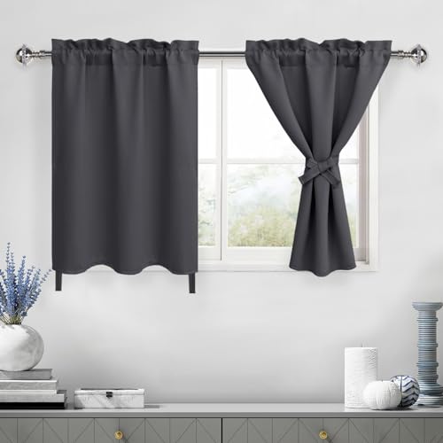 DWCN Dark Grey Blackout Curtains for Living Room, Short Curtains for Bedroom, Thermal Curtains for Summer, 36 Inch Tier Curtains for Cafe, Kitchen, Basement - 30 by 36 Inch, Dark Grey, 1 Pair