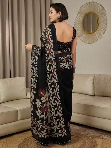 Image of AKHILAM Women's Cotton Printed Ready To Wear Saree With Unstitched Blouse Piece