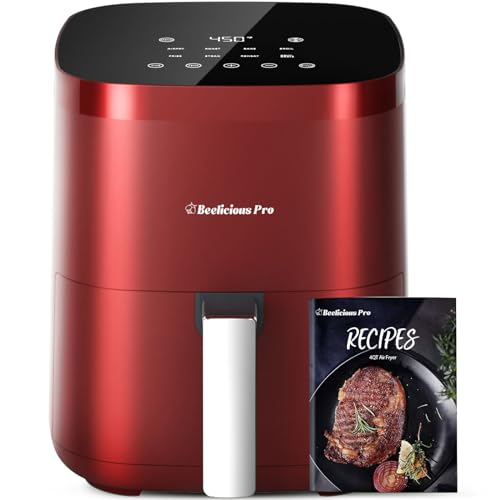 Air Fryer, Beelicious 8-in-1 Smart Compact 4QT Air Fryers, Shake Reminder,450°F Digital Airfryer with Flavor-Lock Tech, Tempered Glass Display, Fit for 1-3 People, Red