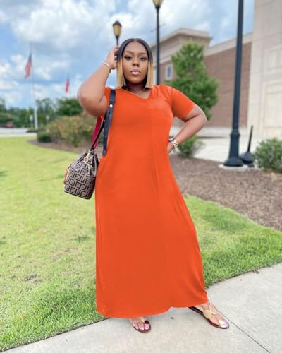 Image of TOPSRANI Womens Plus Size Maxi Dresses for Women Oversize Casual Short Sleeve V Neck Loose Plain Solid Trendy Summer Dress