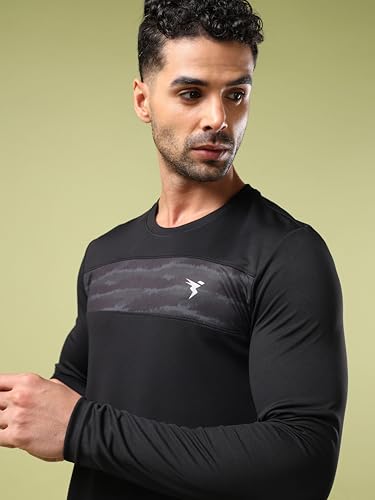 Image of TECHNOSPORT Men Polyester Self Design Chest Print Slim Fit Long Sleeve T-Shirt for Gym, Workout and Regular Use with SPF50+