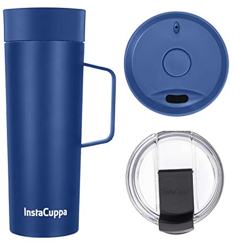 InstaCuppa Vacuum Insulated Coffee, Tea Thermos Travel Mug with Handle 470 ML, Includes 2 Unique Lids, Powder Coated Matte Finishing, Navy Blue