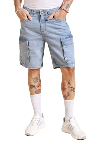 Image of The Indian Garage Co Men Relaxed Fit Solid Mid-Rise Denim Cargo Shorts