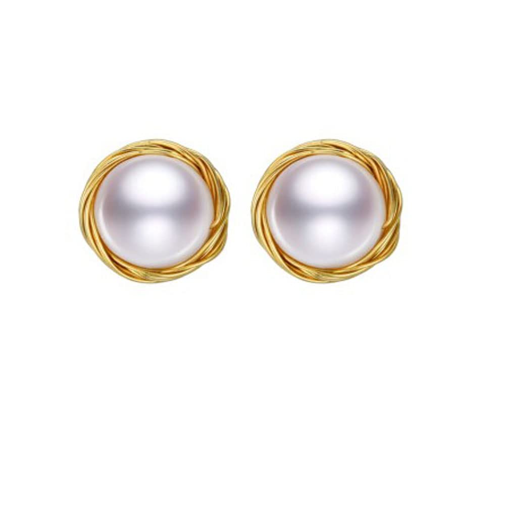 Pearl Stud Earrings for Women 14K Gold Filled 9-9.5mm White
