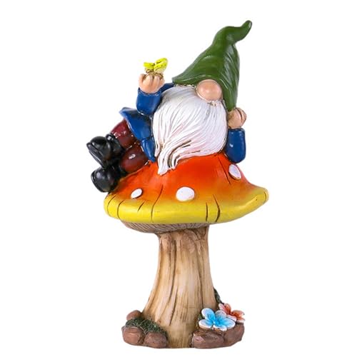 Stgbcst Statue décorative de nain de jardin en résine sur champignon – Adorable panneau de bienvenue pour la maison et le jardin, 10,5 * 8 * 17,5 cm –...