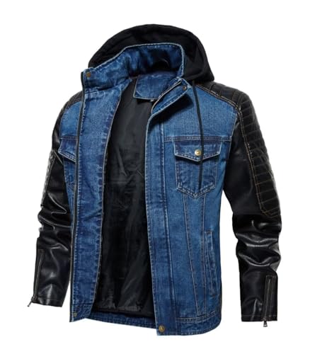 FTIMILD Mens Denim Jacket with Pu Leather Patchwork Biker Jacket with Detachable Hood Jean Jacket with Multiple Pockets3