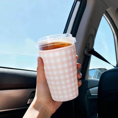 Image of Reusable Insulated Sleeve for Iced Coffee Cup, 3-Pack Coffee Neoprene Drink Sleeve for Cold & Hot Drinks, Beverage Holder for Iced Coffee (Pink Gingham)